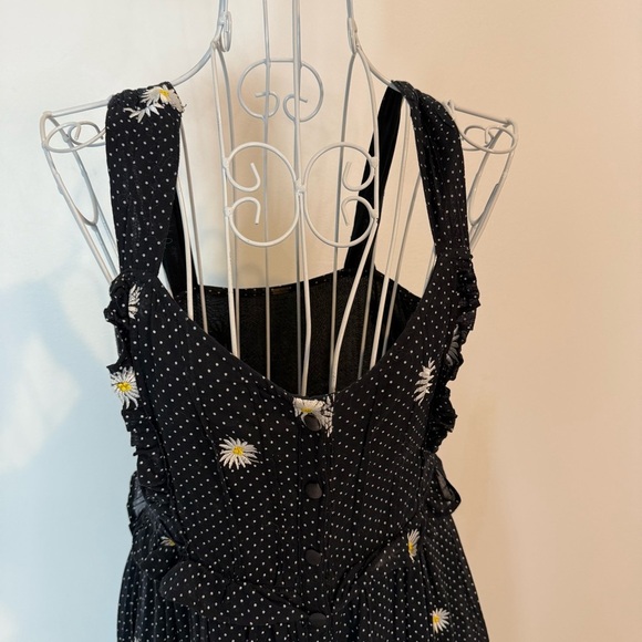 FREE PEOPLE DAISY CHAIN EMBROIDERY FLORAL A-LINE MIDI DRESS BLACK SZ XS BUTTONS - Picture 4 of 13